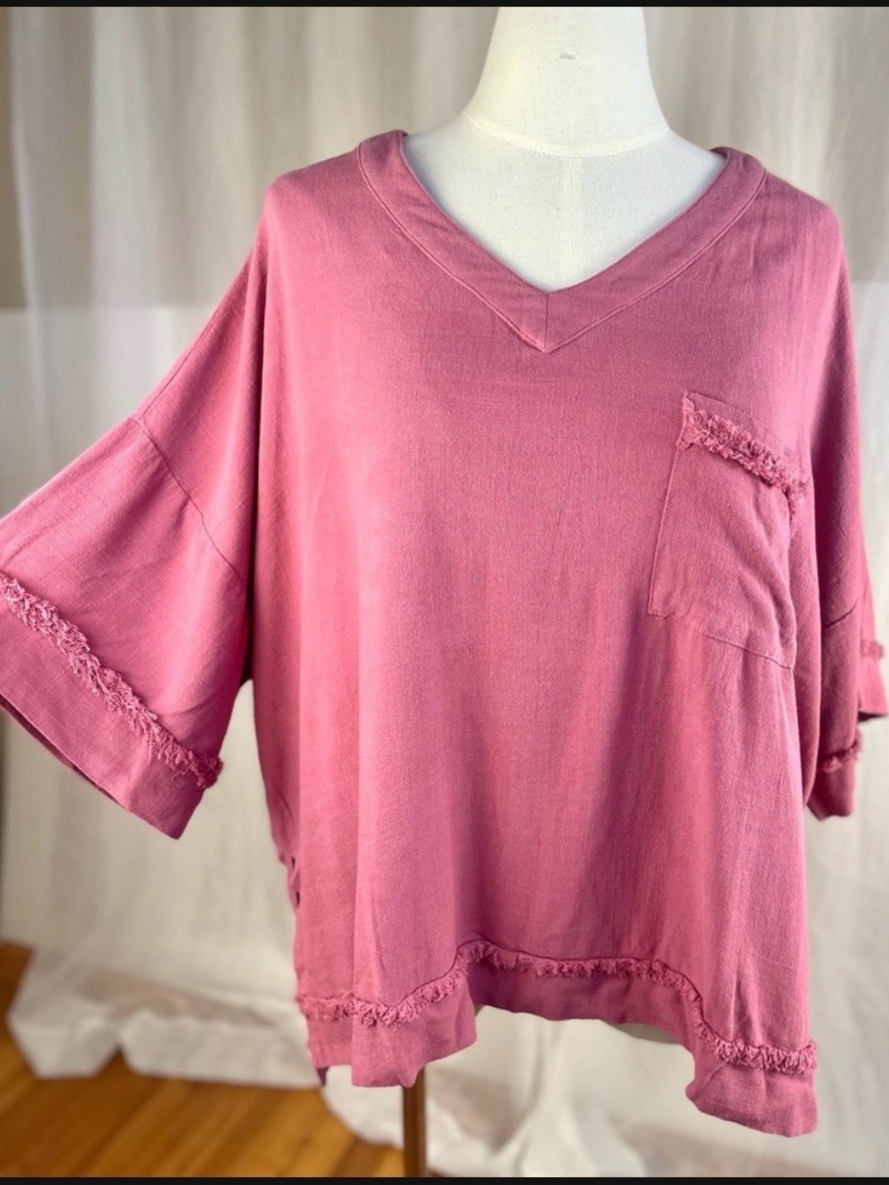 Pink Frayed Linen Cotton V-Neck Oversized Pocket Top Blouse White Birch Plus 2X